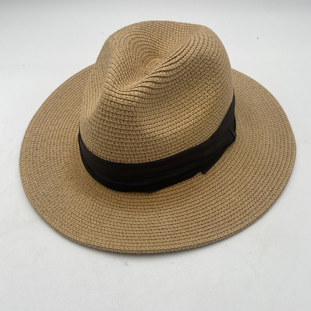Womens Fedora Sun Hat Beige Woven 3" Brim Outdoor SPF Medium See Pics